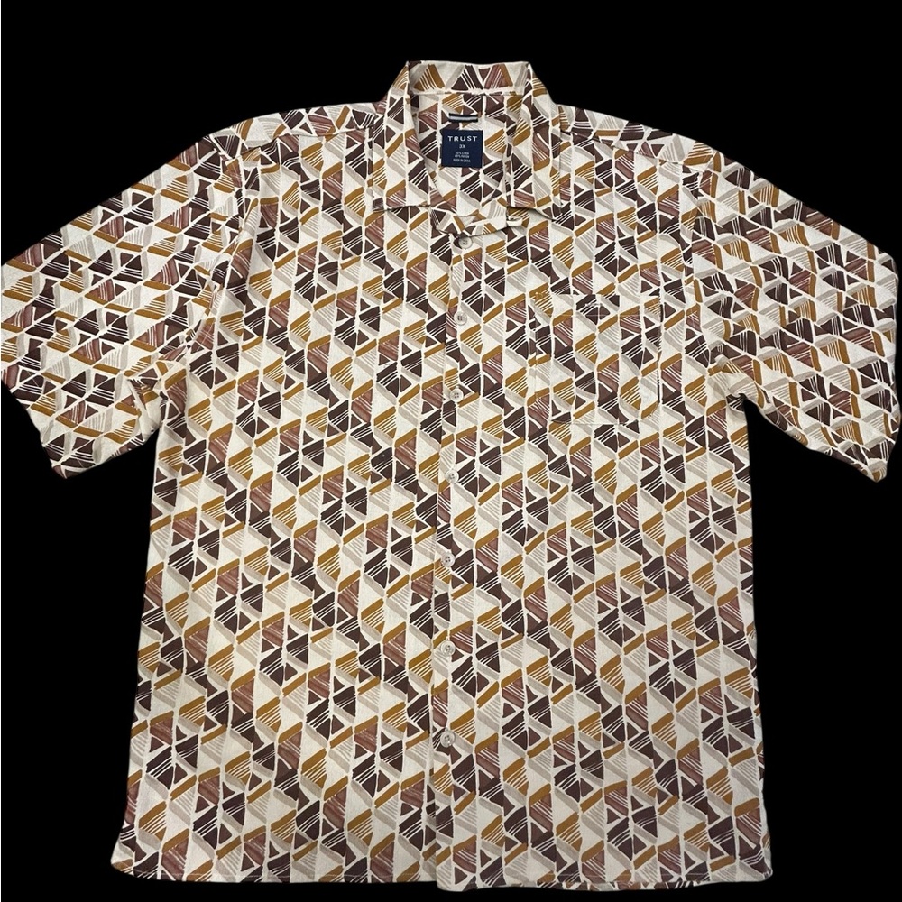 TRUST Linen and Rayon Patterned Shirt in Tan and Brown‎ Like New 3X Casual